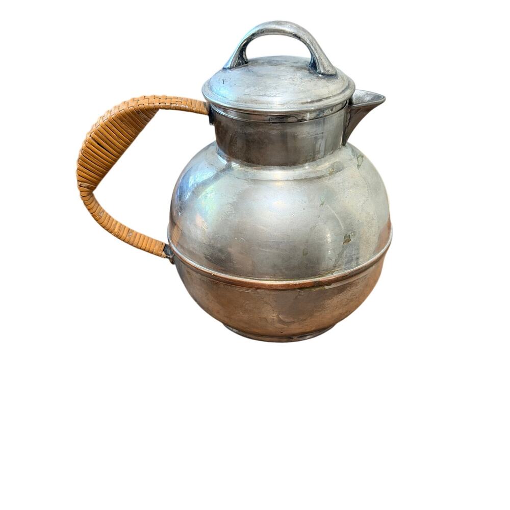 Vintage Silver-Plate Electroplated Copper Tea Kettle W/ Rattan Handle